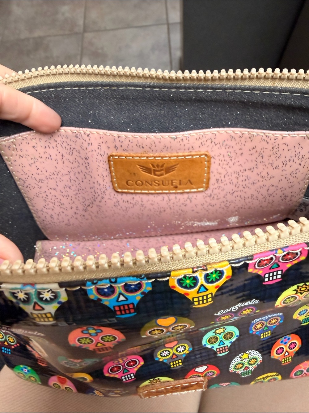Sugar Skull Print Wristlet with Tan Leather Trim - Picture 4 of 4